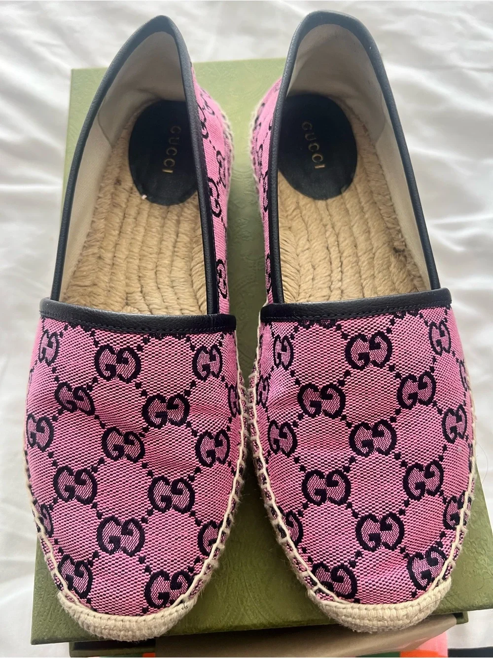 Gucci Pink GG Canvas Espadrille Flats with Black Logo